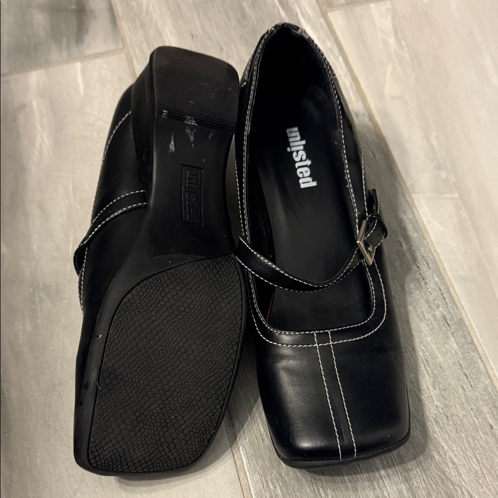 Unlisted Black Mary Jane Square-Toe Heels with White Stitching - Picture 7 of 8